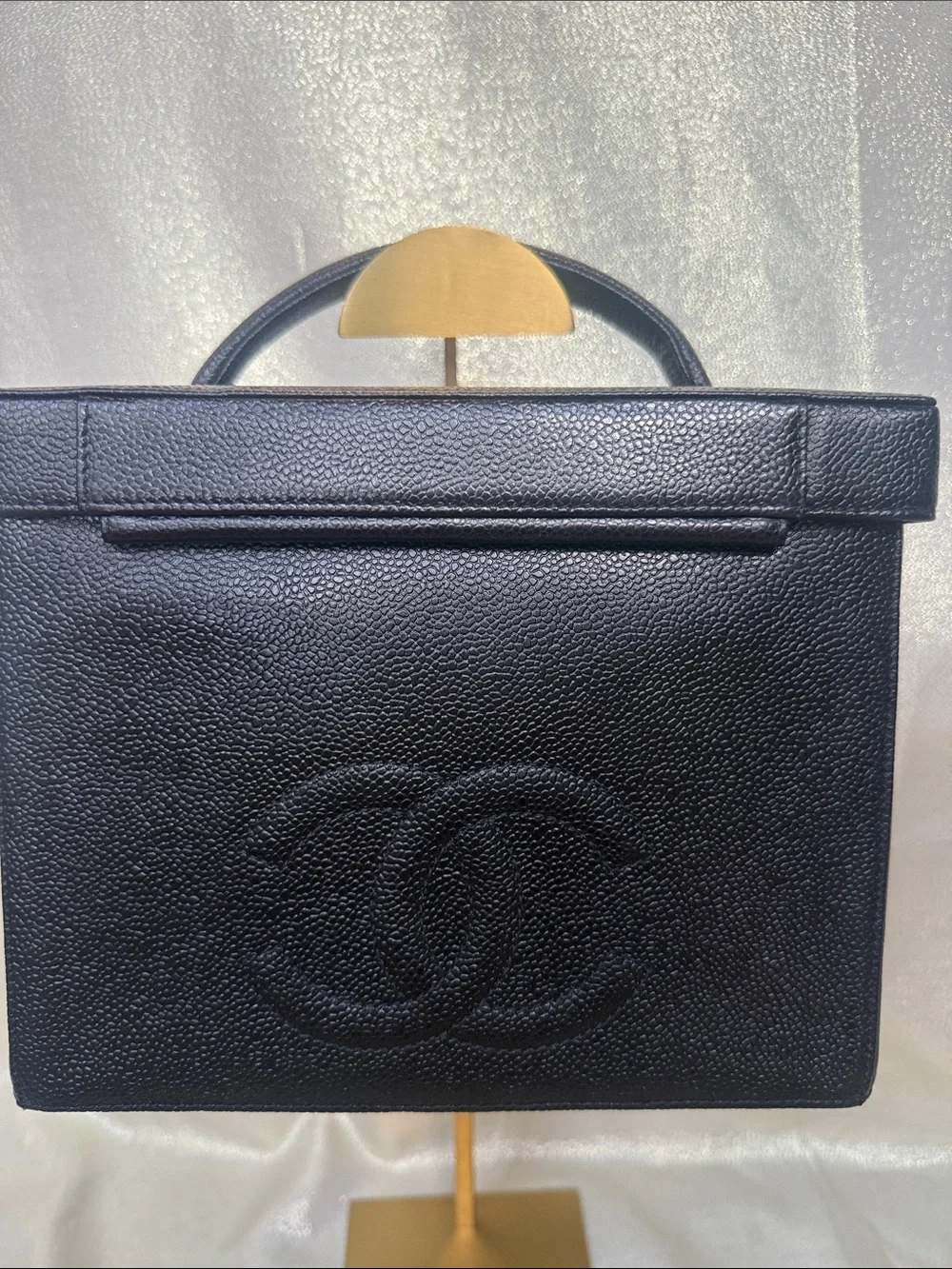 CHANEL Black Top-Handle Vanity Box Bag with Gold CC Medallion and large CC